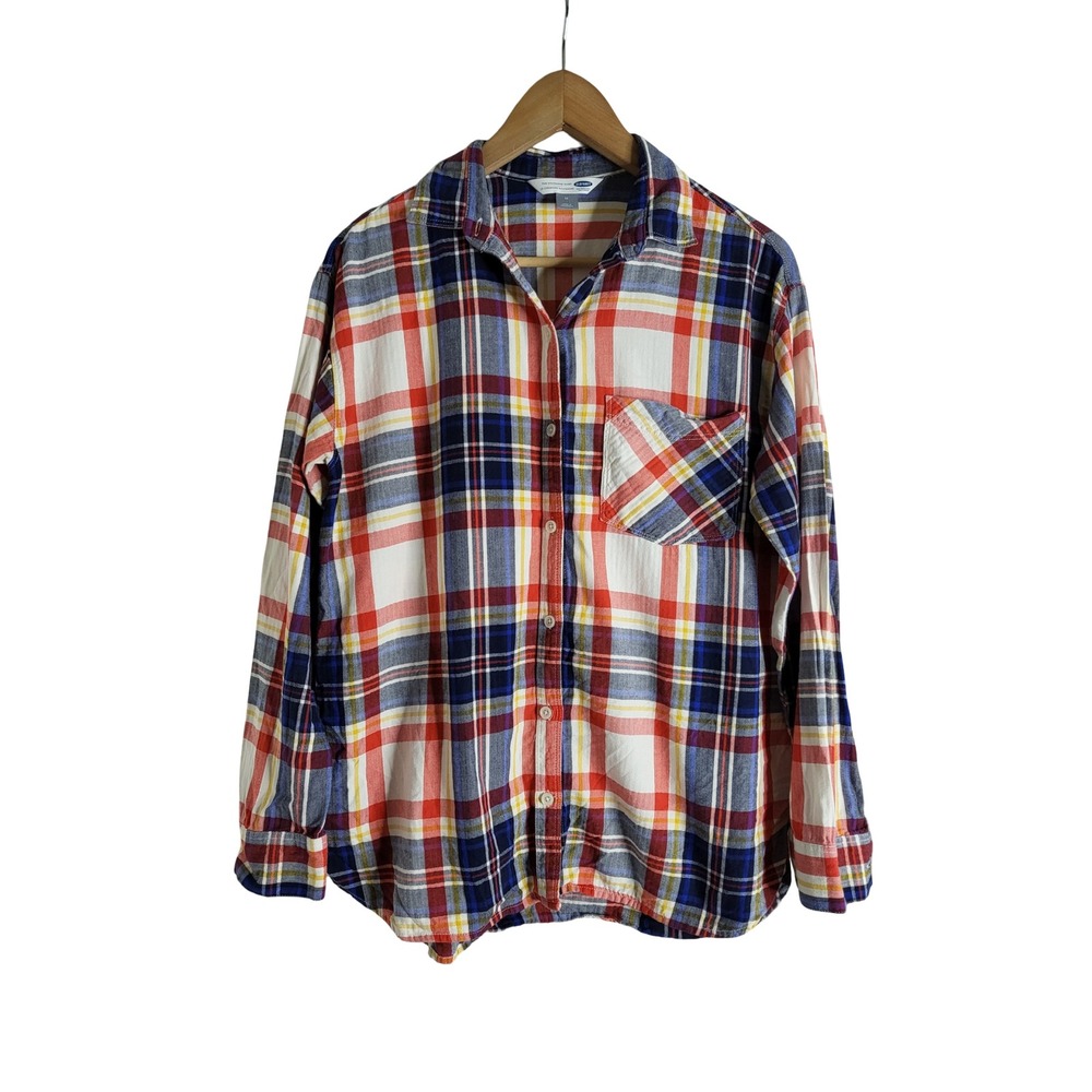 Old Navy The Boyfriend Shirt Red Blue Yellow Plaid Button Down M Cabincore